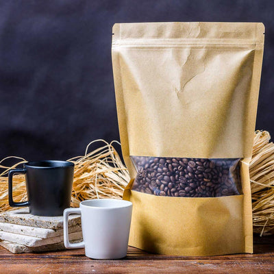 Pungi stand-up kraft cu fereastra si fermoar - maro - set 100buc