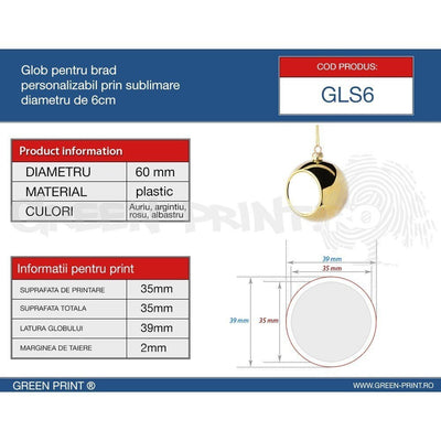 Glob sublimabil auriu pentru brad Ø 6cm GLS621 - Green Print