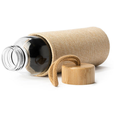 Bidon din sticla cu capac de lemn TRILBY + husa iuta BI4137S129 - Green Print