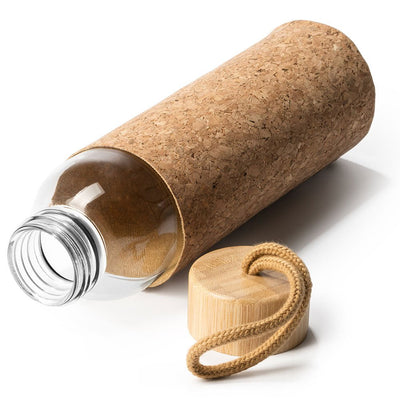 Bidon din sticla cu capac de lemn TRILBY + husa pluta BI4136S129 - Green Print