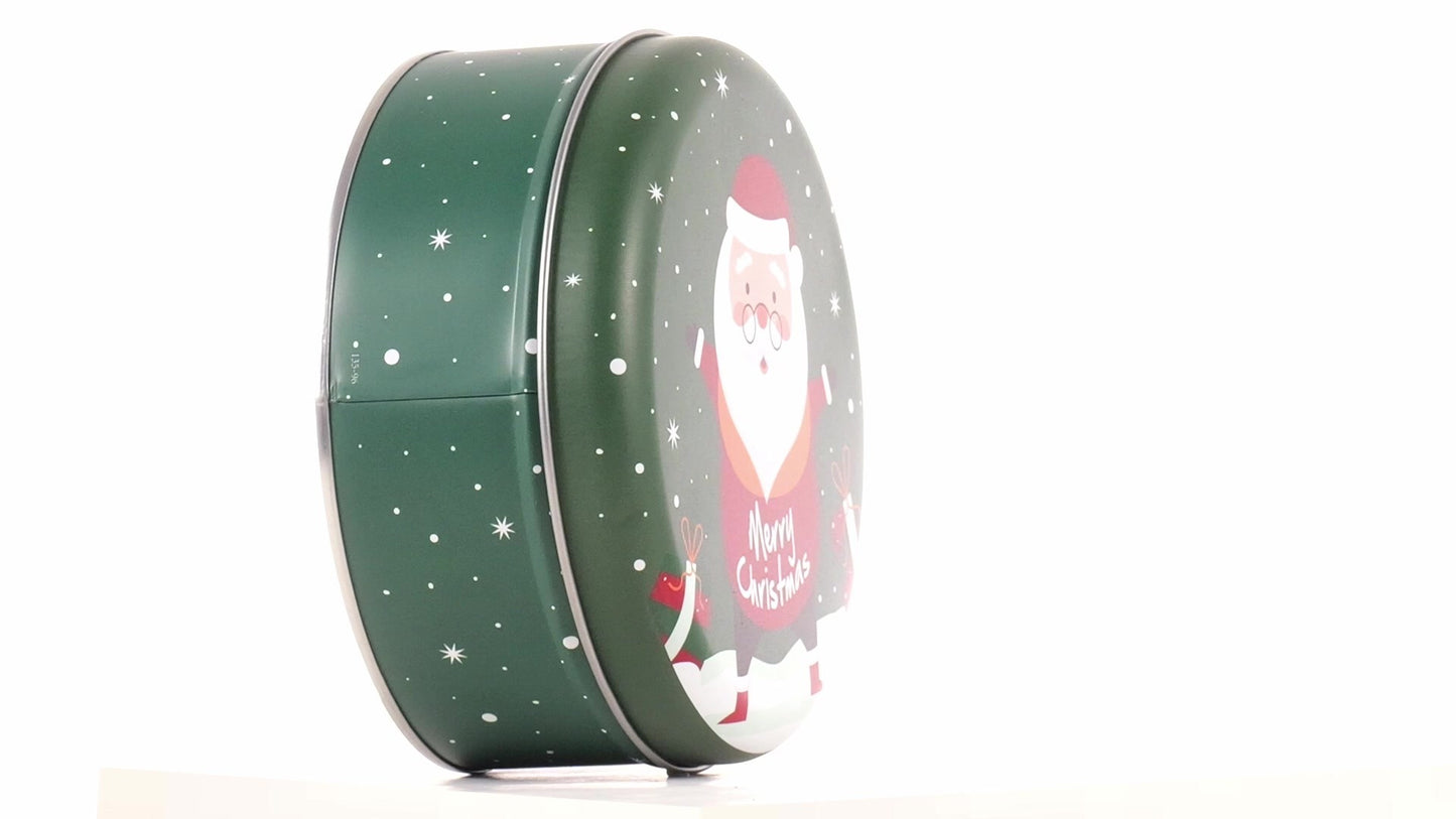Cutie metalica rotunda verde cu model Mos Craciun