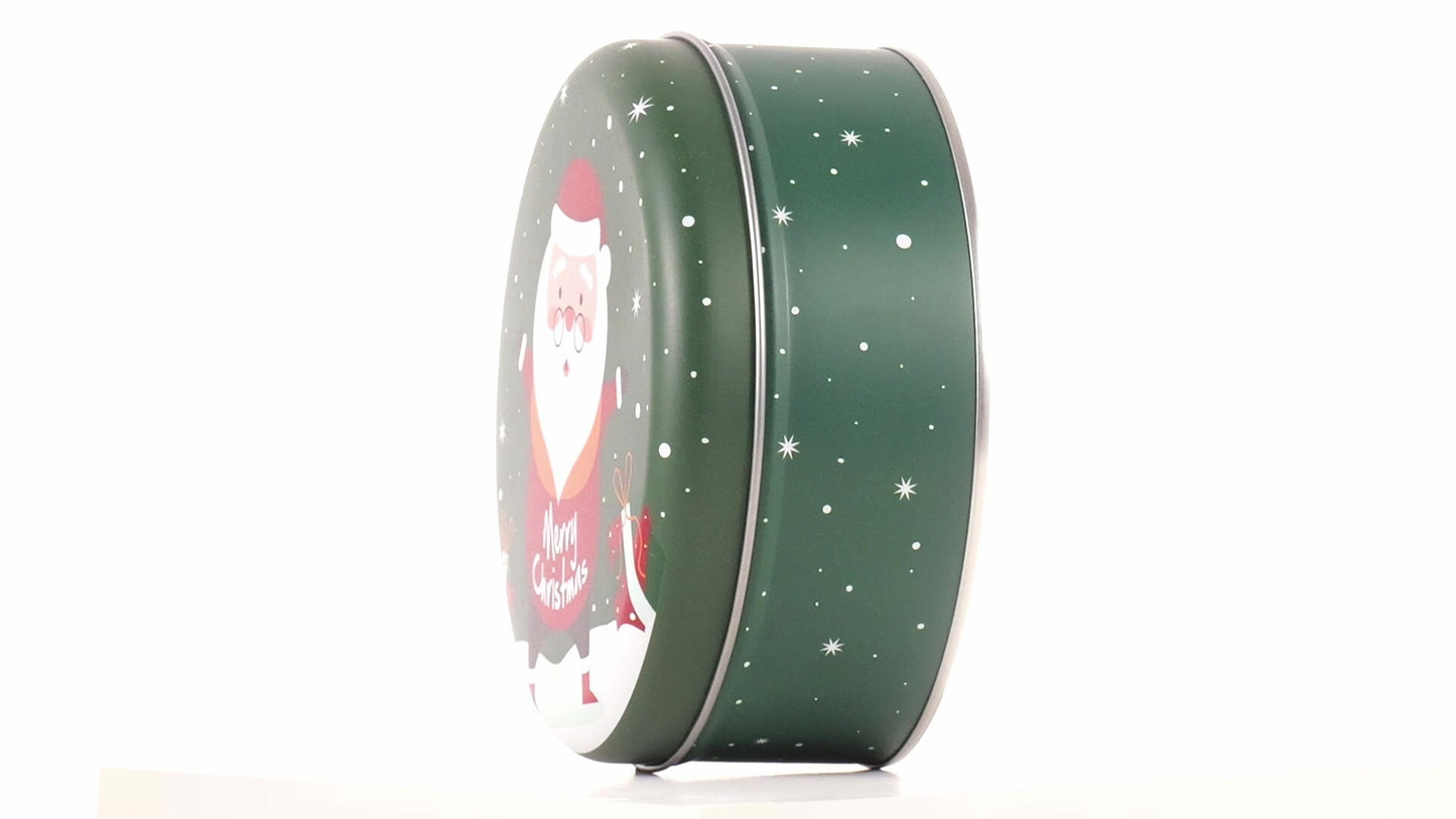 Cutie metalica rotunda verde cu model Mos Craciun
