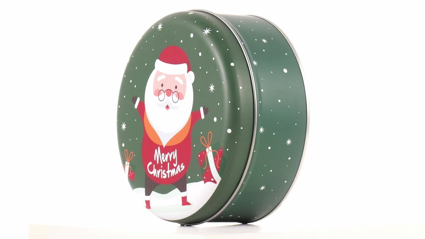 Round green metal box with Santa Claus pattern