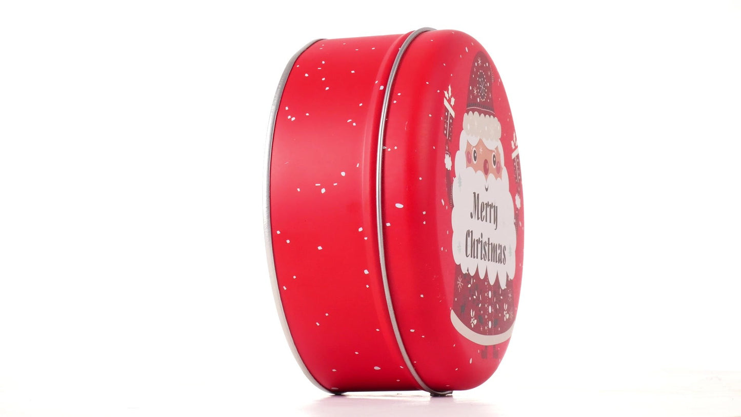 Red round metal box with Santa Claus pattern