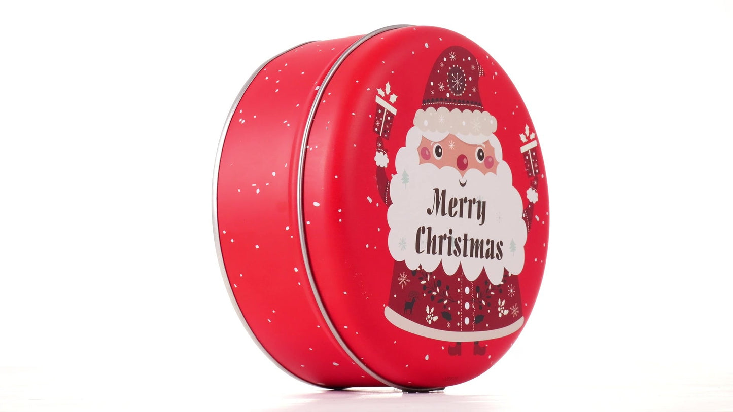 Red round metal box with Santa Claus pattern