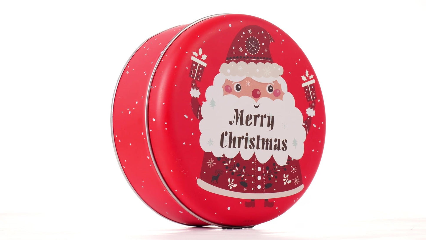 Red round metal box with Santa Claus pattern