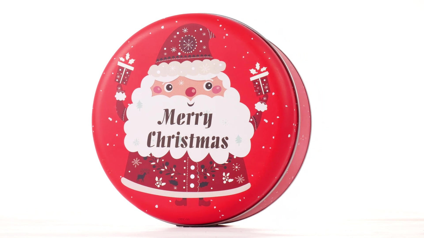 Red round metal box with Santa Claus pattern