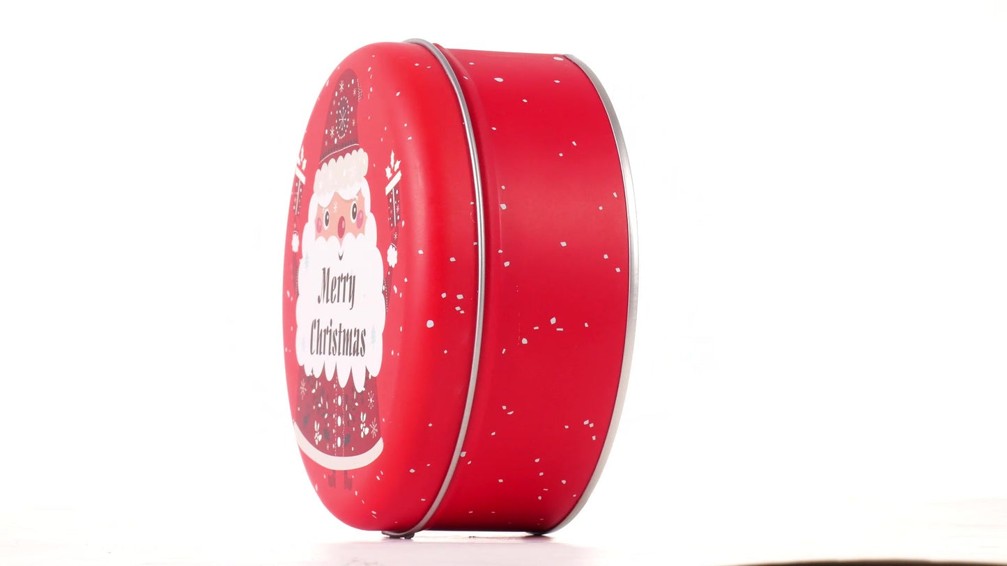 Red round metal box with Santa Claus pattern