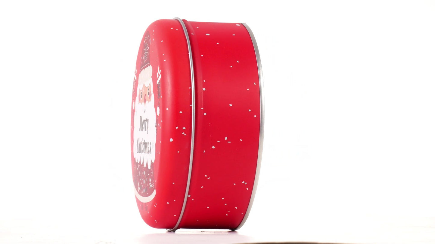 Red round metal box with Santa Claus pattern