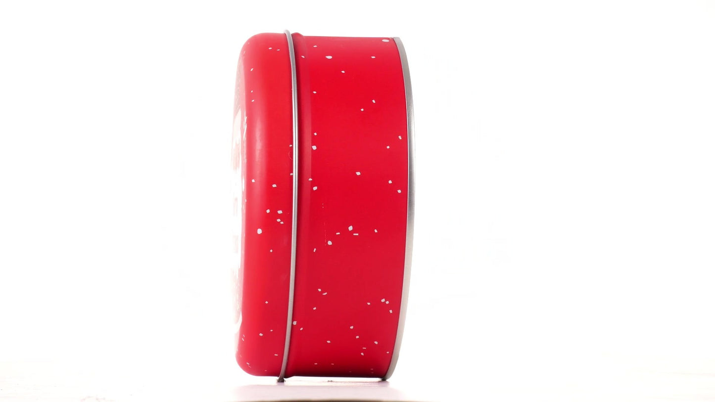Red round metal box with Santa Claus pattern