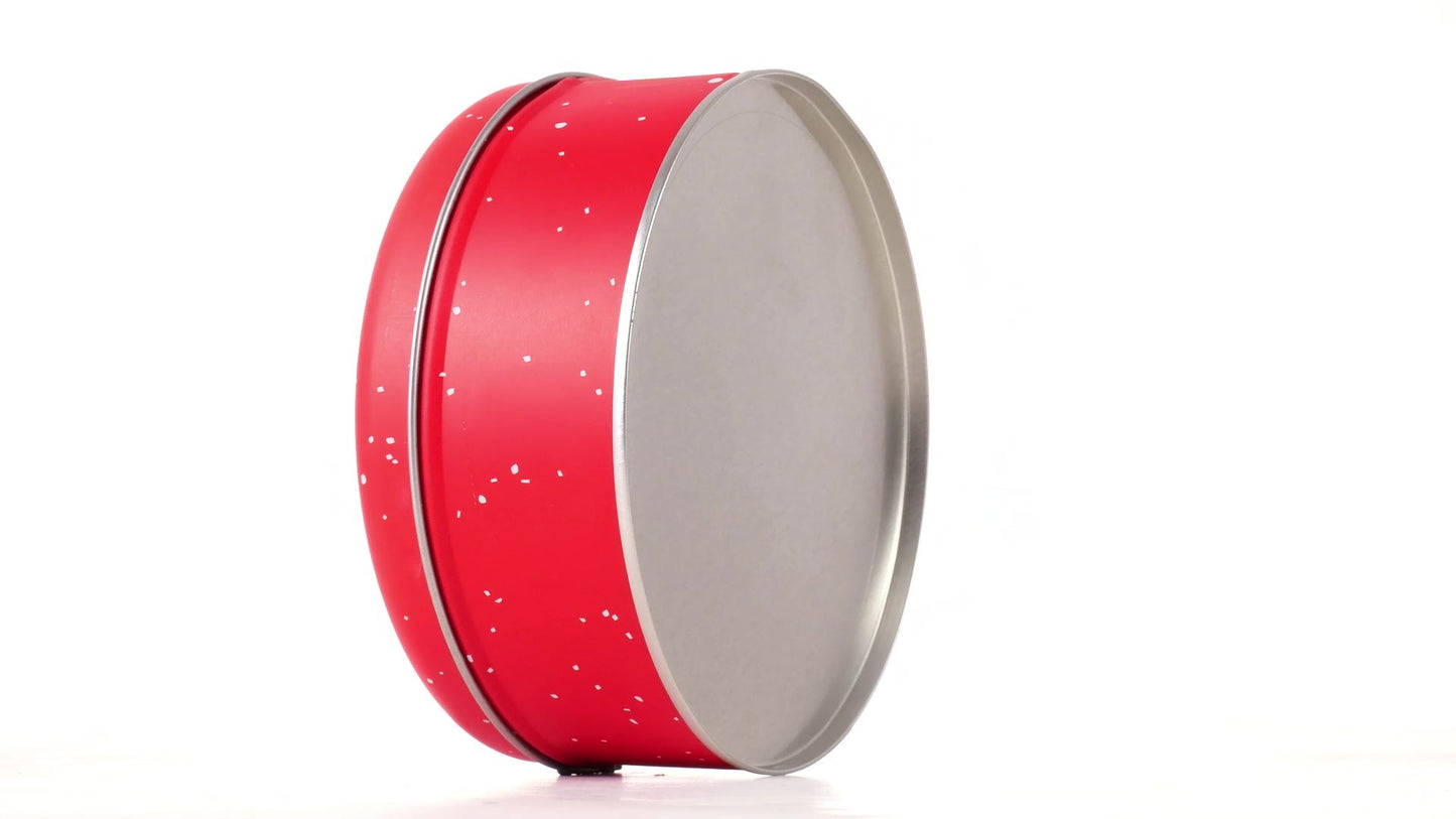 Cutie metalica rotunda rosie cu model Mos Craciun