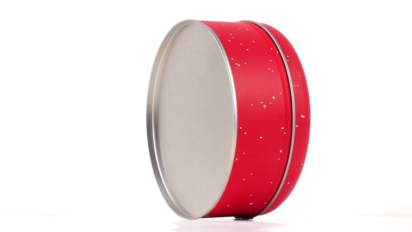 Cutie metalica rotunda rosie cu model Mos Craciun