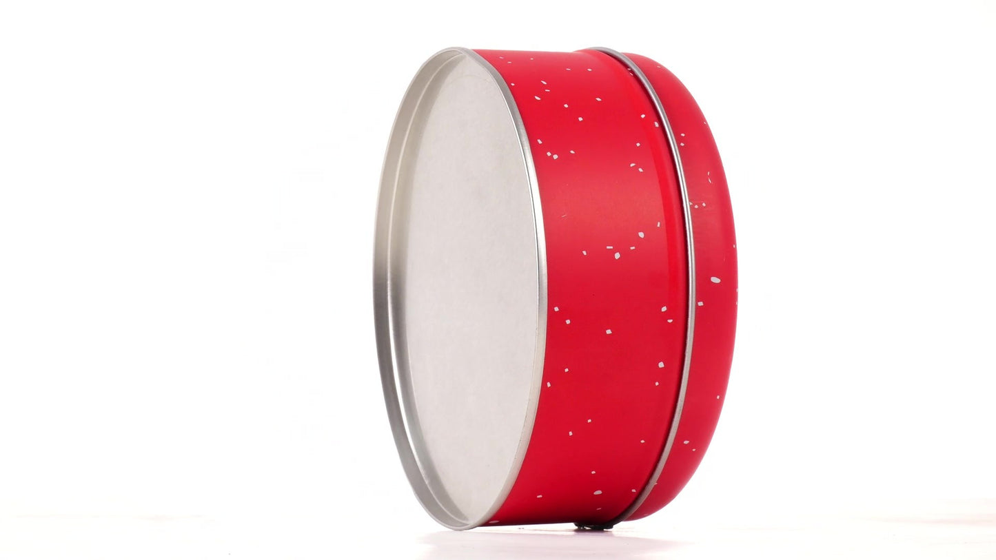 Cutie metalica rotunda rosie cu model Mos Craciun