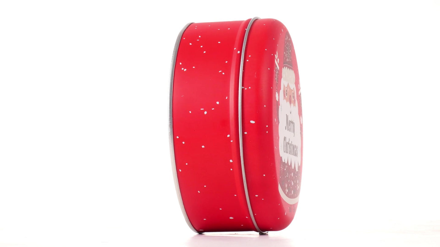 Cutie metalica rotunda rosie cu model Mos Craciun