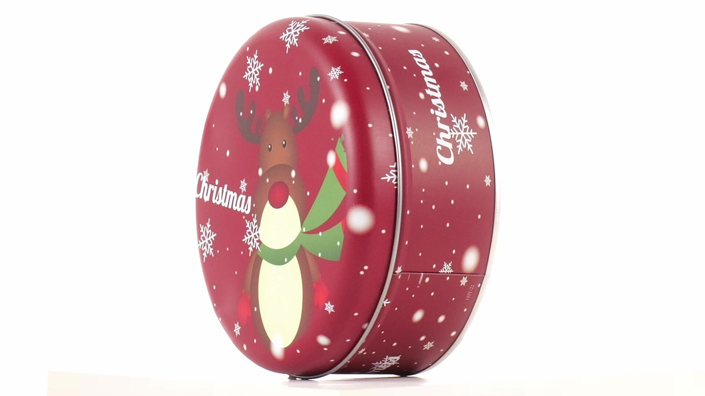 Red round metal box with Christmas reindeer pattern