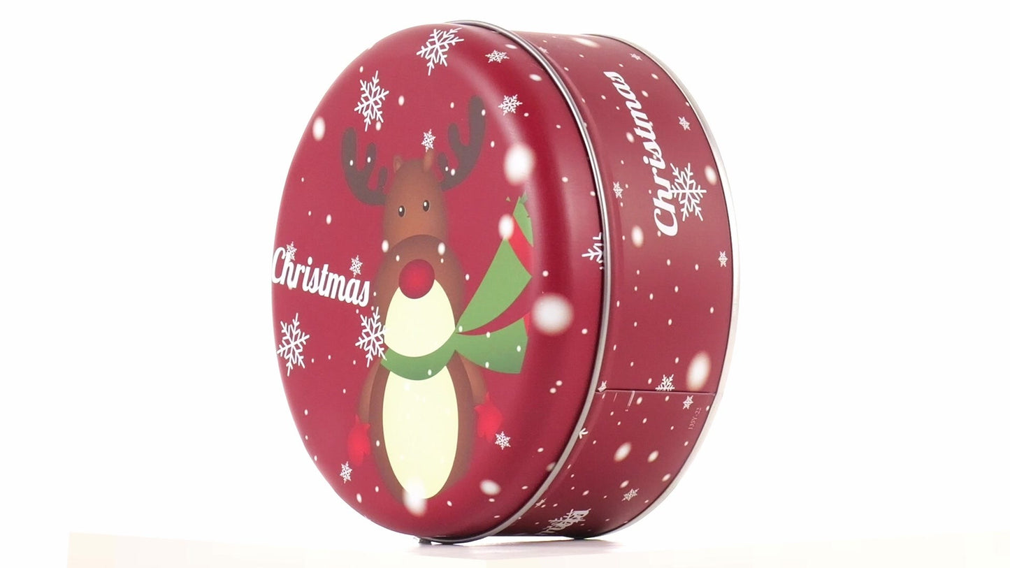 Red round metal box with Christmas reindeer pattern