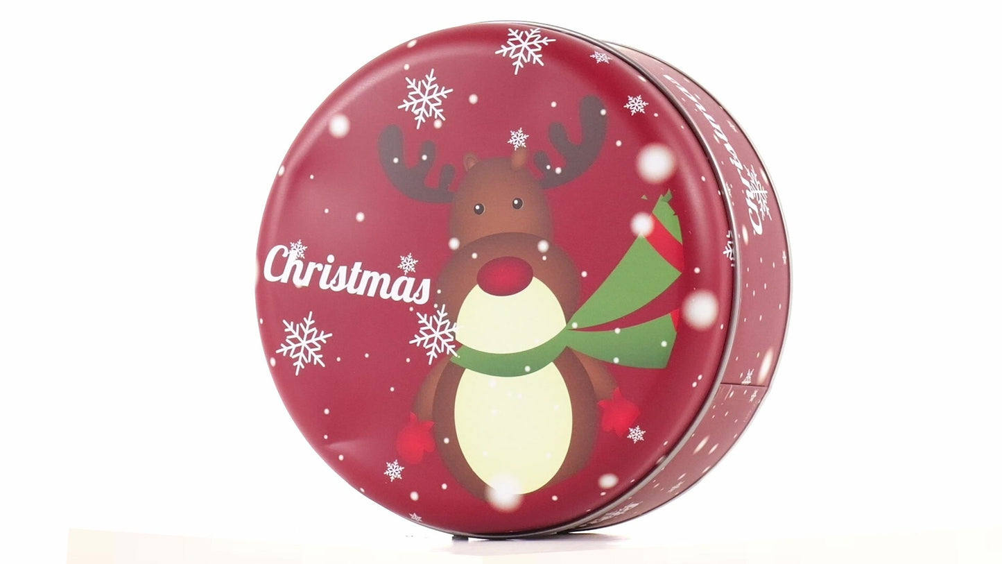 Red round metal box with Christmas reindeer pattern