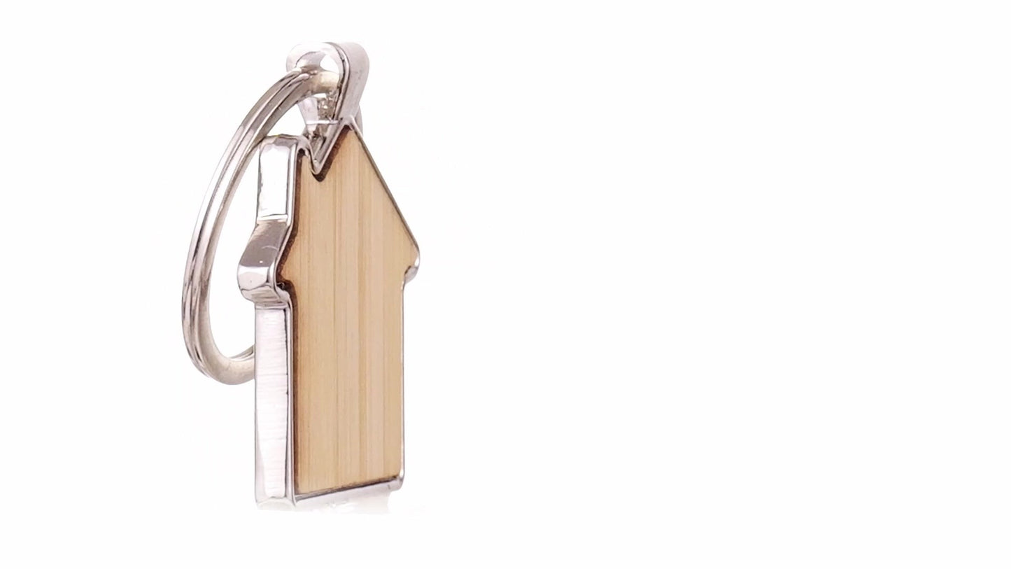 Engravable keychain wooden+metal house