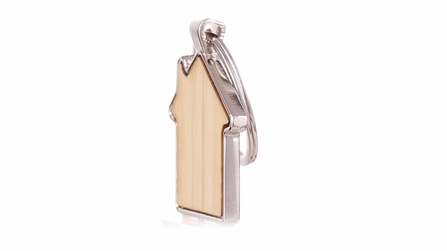 Engravable keychain wooden+metal house