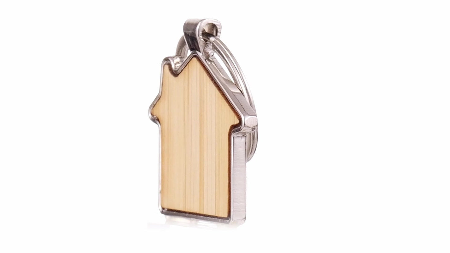 Engravable keychain wooden+metal house