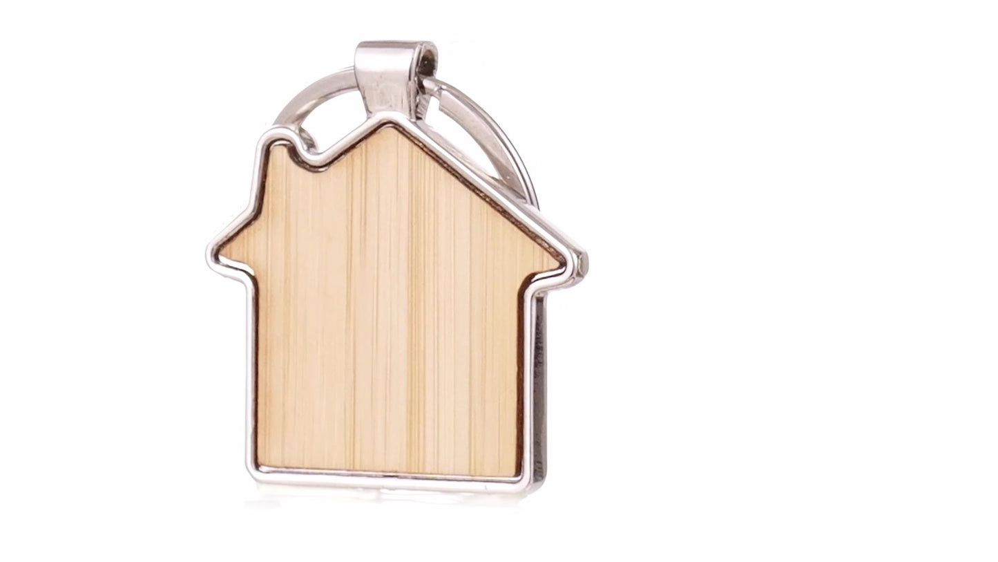 Engravable keychain wooden+metal house