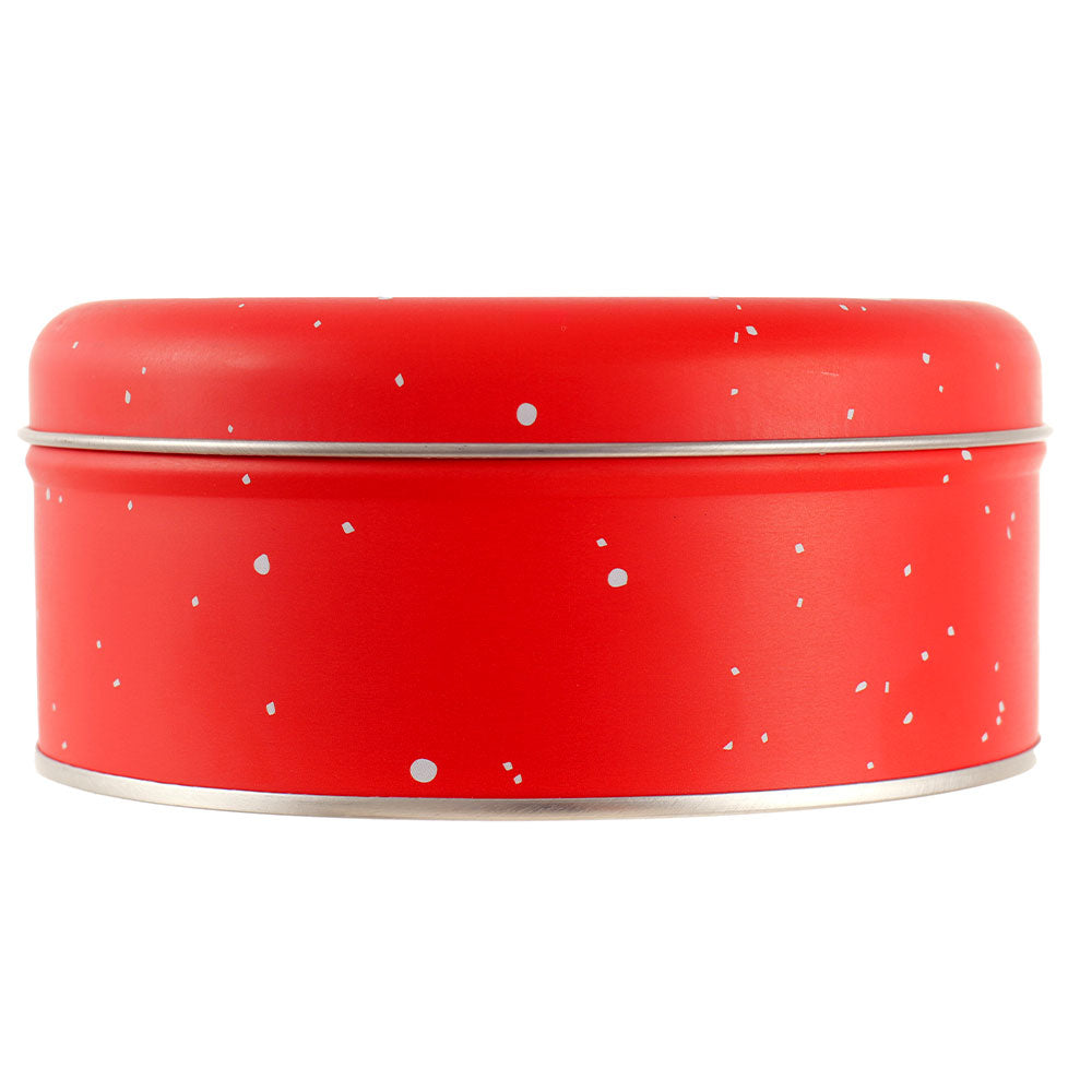 Cutie metalica rotunda rosie cu model Mos Craciun