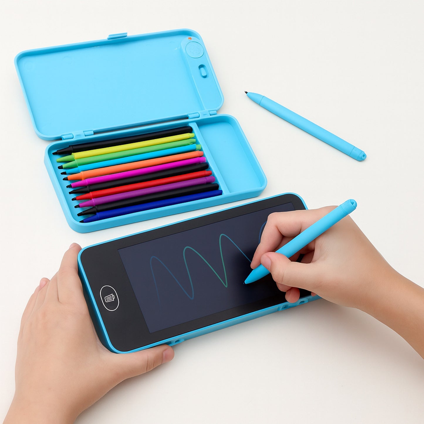 Pencil case with LCD drawing tablet in the shape of a phone