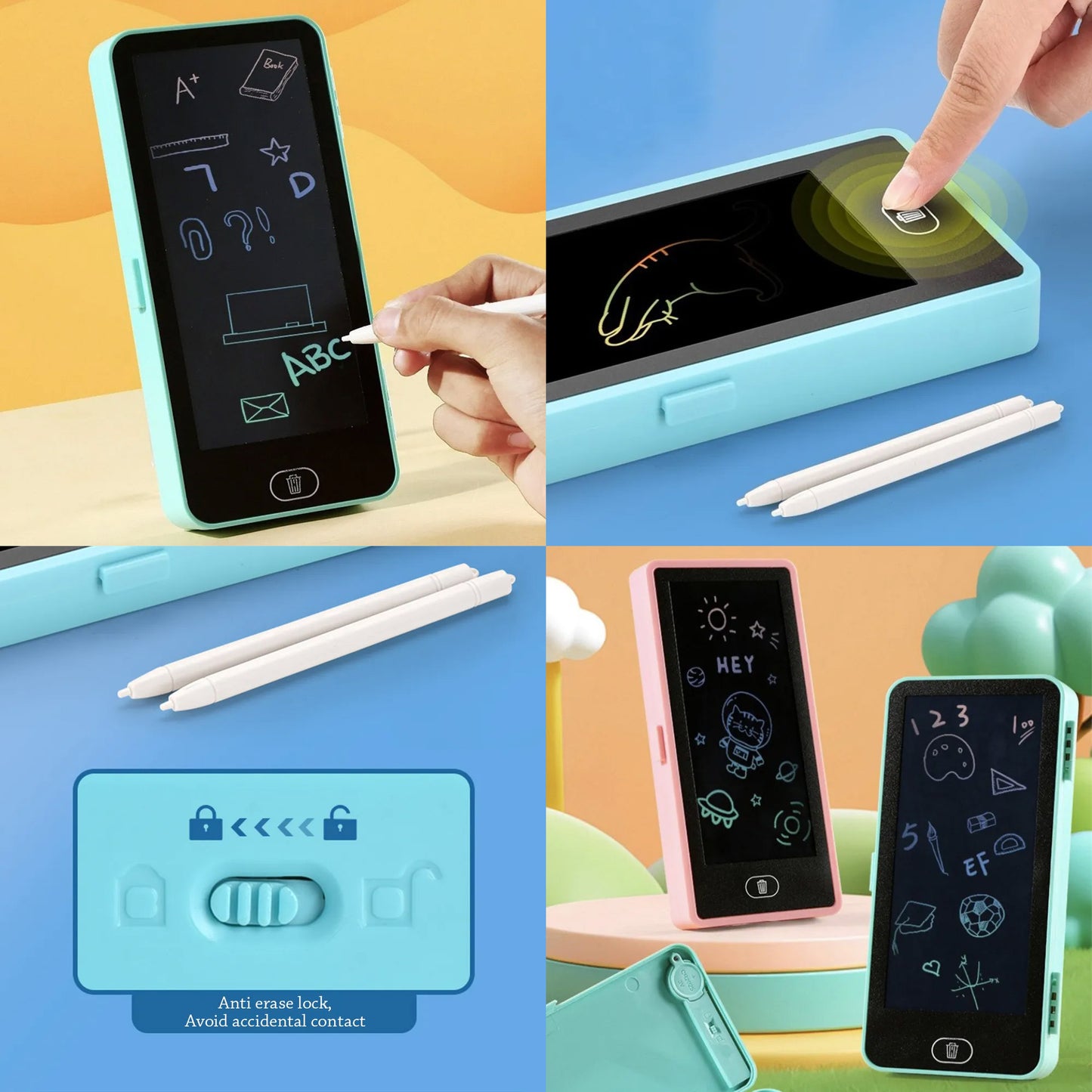 Pencil case with LCD drawing tablet in the shape of a phone