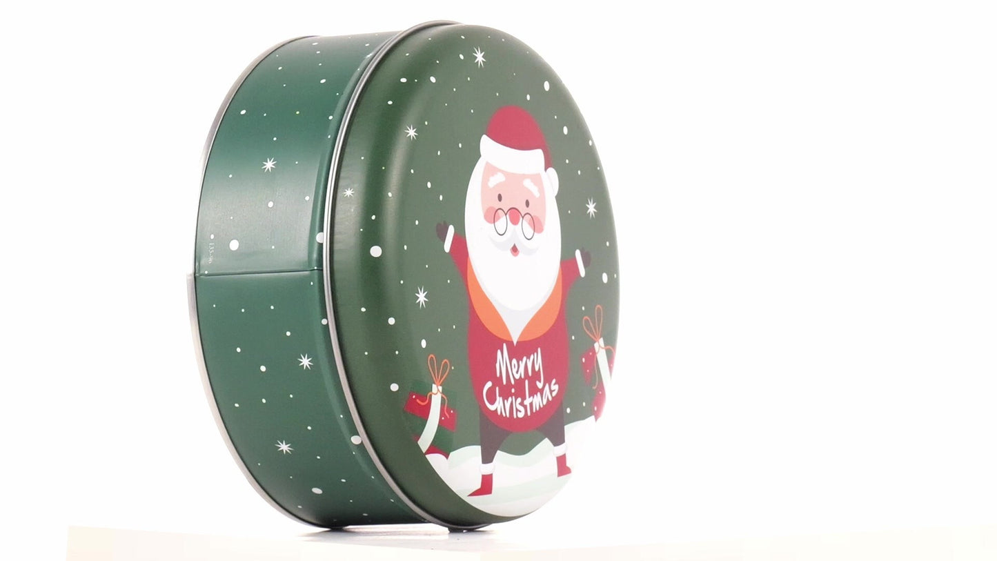 Round green metal tin with Santa Claus design