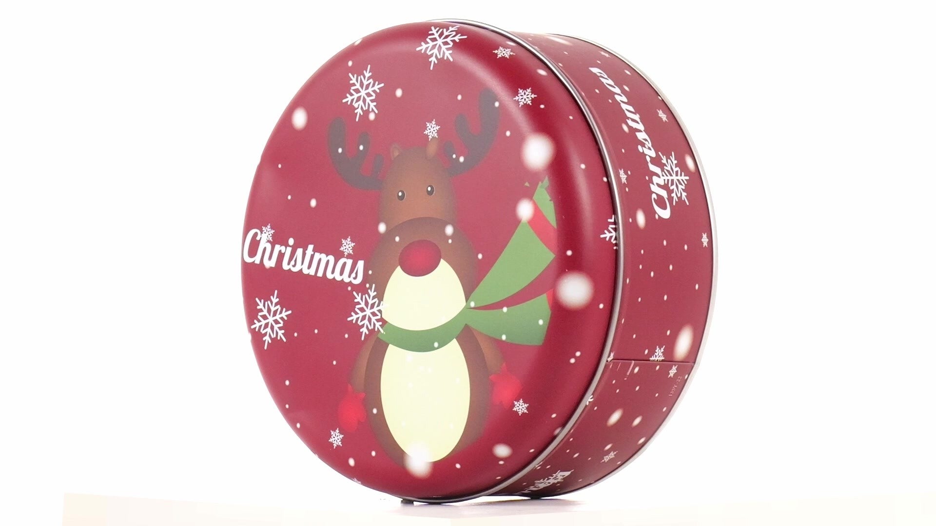 Cutie metalica rotunda rosie cu model ren de Craciun XM724789 - Green Print