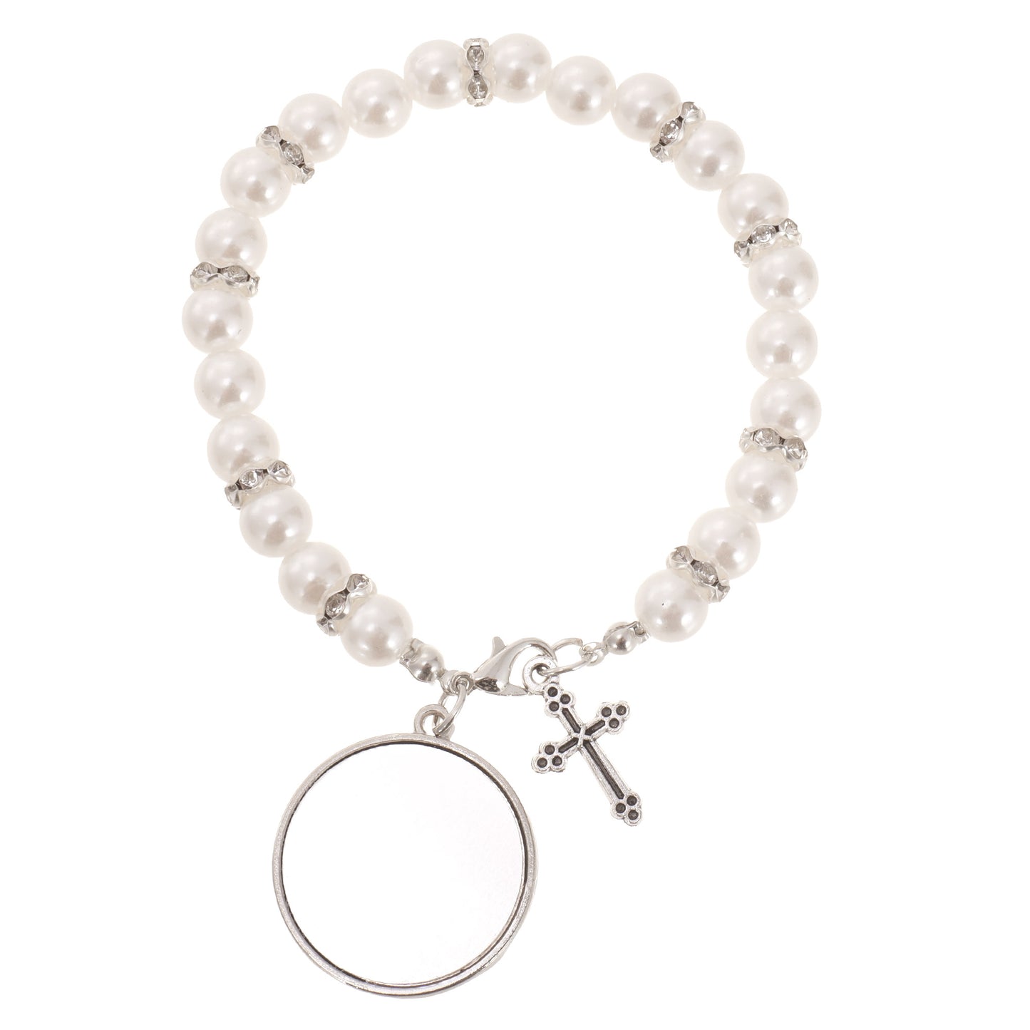 Bratara cu margele albe si cruciulita - sublimabila