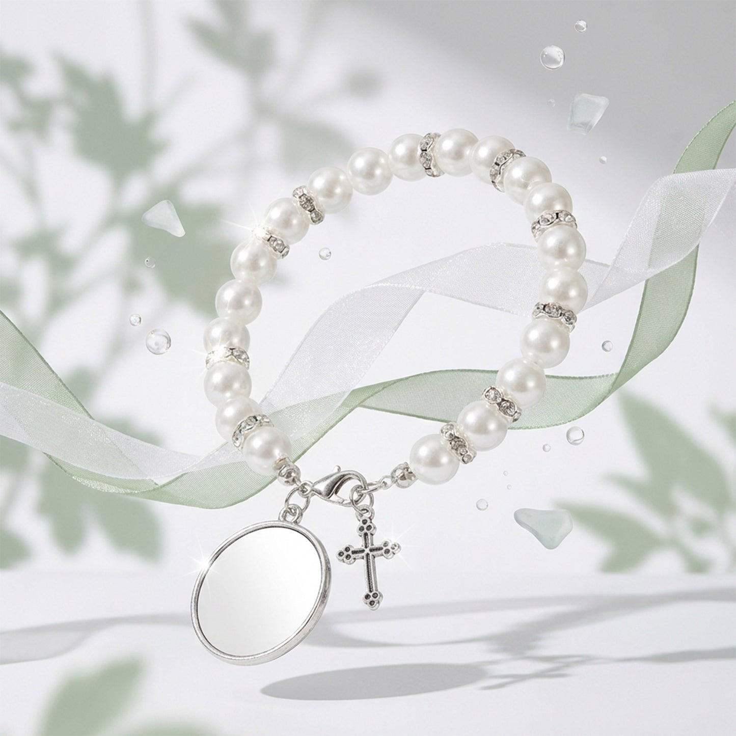 Bratara cu margele albe si cruciulita - sublimabila SL105001 - Green Print