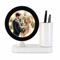 Magic mirror with photo insert and LED light with pen holder - ROUND