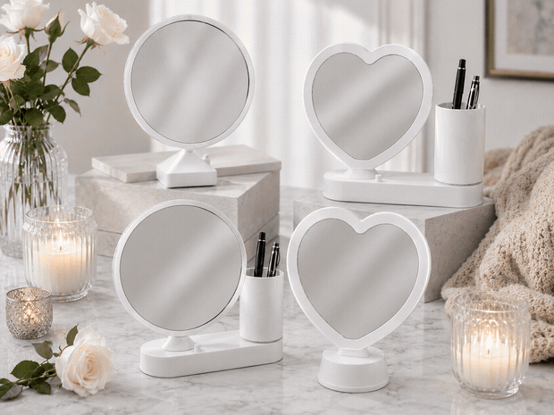 Magic mirror with photo insert and LED light with pen holder - HEART