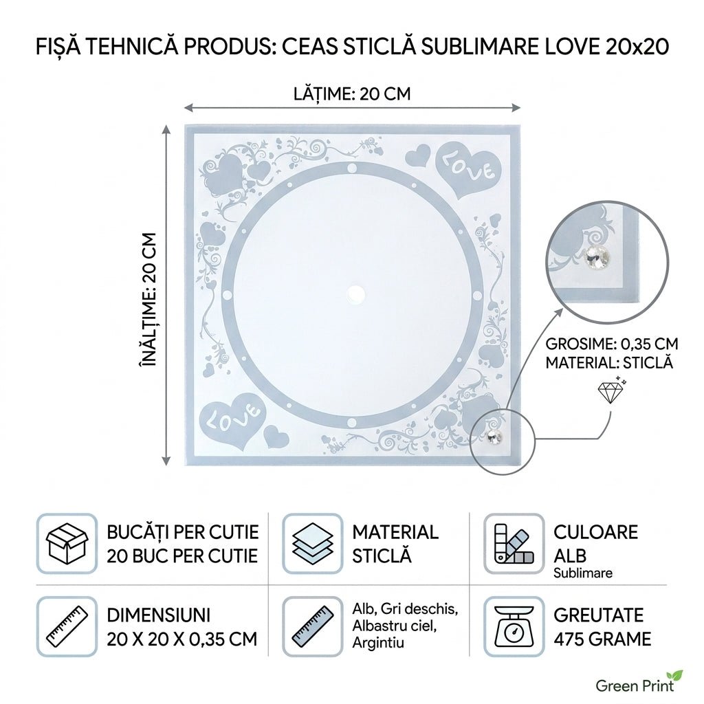 Ceas sticla sublimare LOVE 20x20 CS2020629 - Green Print